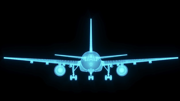 Zdjęcie renderowanie 3d ilustracja samolot plan świecący neonowy hologram futurystyczna technologia pokazowa