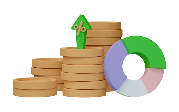 Zdjęcie renderowanie 3d infografika biznesowa z monetami i wykresem słupków statystycznych izolowanych na białym tle wykresy linii finansowych i wykresy do prezentacji i raportu finansowego