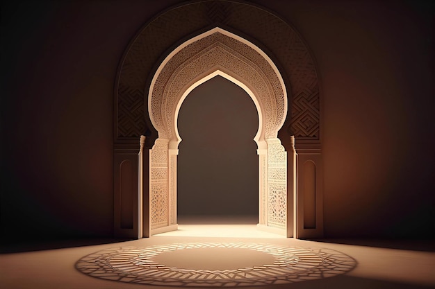 Zdjęcie renderowanie 3d islamskiego portalu z okręgiem pośrodku.