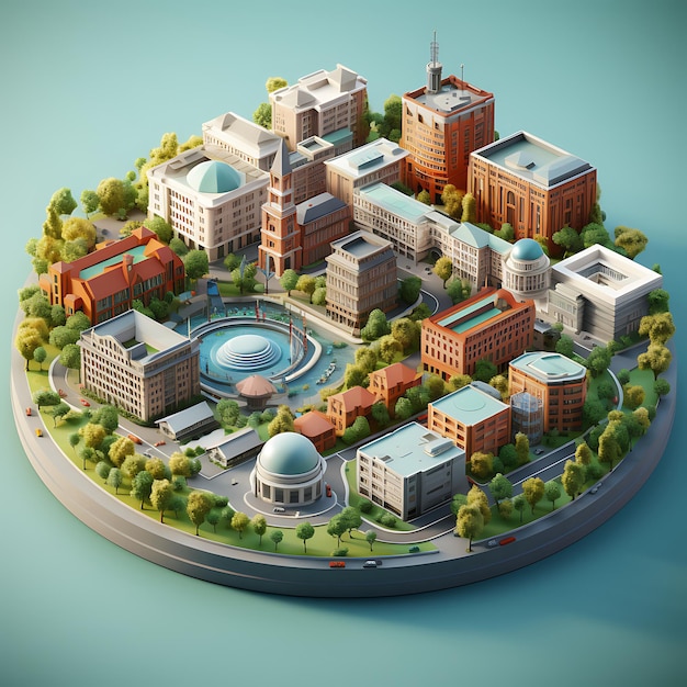 Renderowanie 3D izometrycznej miniatury miasta kampusu uniwersyteckiego