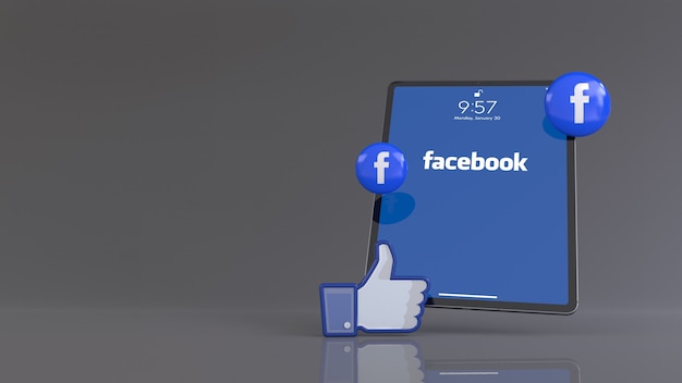 Renderowanie 3D jednej ikony facebooka LIKE oraz pigułek z logotypem przed iPadem wyświetlającym logo aplikacji facebook.