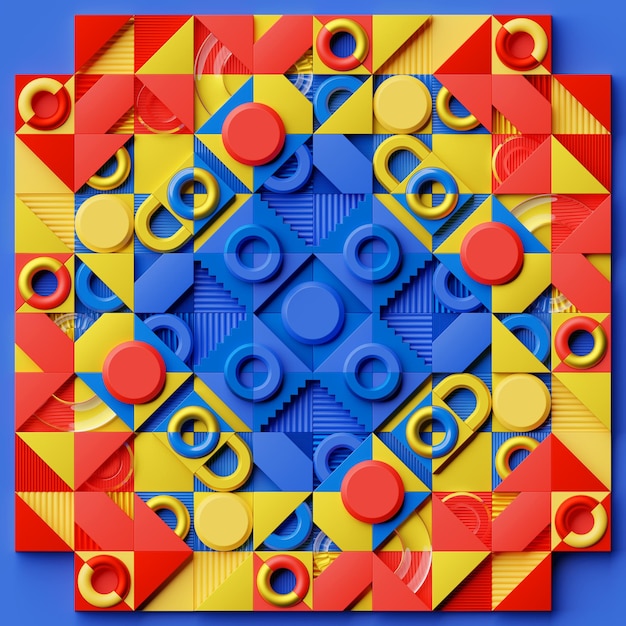 Renderowanie 3D kolorowych realistycznych prymitywów kompozycji Abstrakcyjny motyw dla modnych projektów Kule torus kwadraty kropki