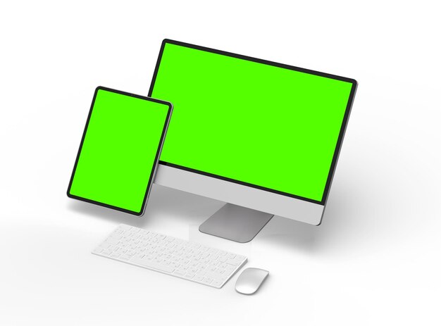Renderowanie 3D komputera stacjonarnego i tabletu z zielonym ekranem na jasnym tle