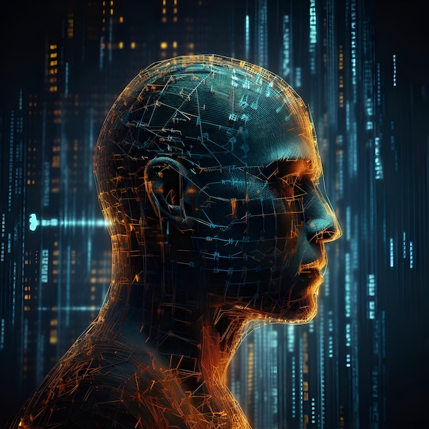 Renderowanie 3D koncepcji sztucznej inteligencji z ludzką głową na niebieskim tle