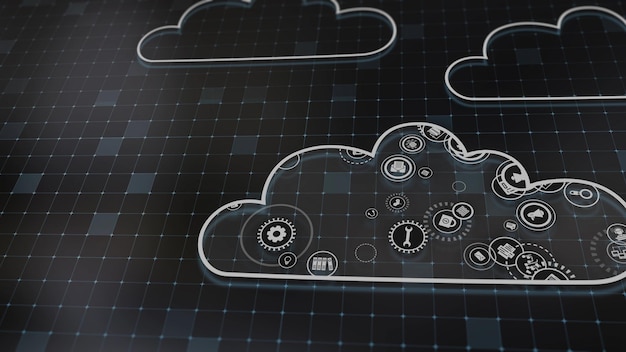 Zdjęcie renderowanie 3d koncepcji technologii chmurowych i przetwarzania danych serwera