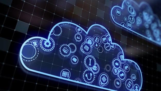 Zdjęcie renderowanie 3d koncepcji technologii chmurowych i przetwarzania danych serwera