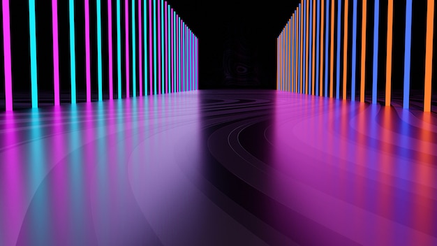 Renderowanie 3D korytarz kompozytowy neon rurki blask streszczenie ciemne tło