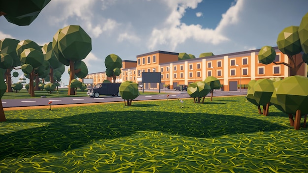 Renderowanie 3D Krajobraz ulicy Starego Miasta utworzony za pomocą komputera low poly