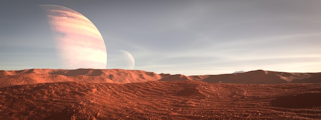 Renderowanie 3D Krajobraz z planetą saturn na niebie z gwiazdami Kosmiczna tapeta fantasy z planetą nad lądem Scifi Elementy tego obrazu dostarczone przez NASA