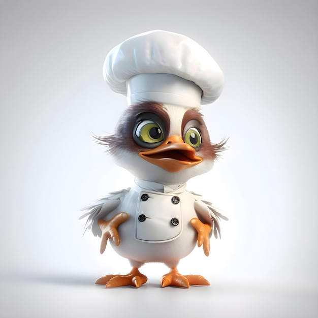 Renderowanie 3D kucharza pingwina z kreskówki z kapeluszem szefa kuchni