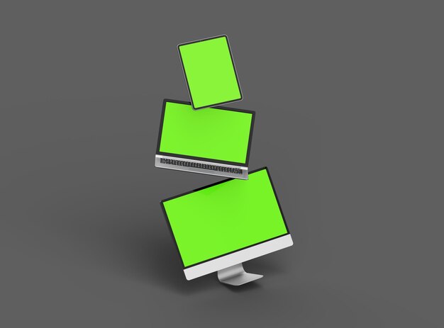 Renderowanie 3D laptopa i tabletu z zielonym ekranem na ciemnym tle