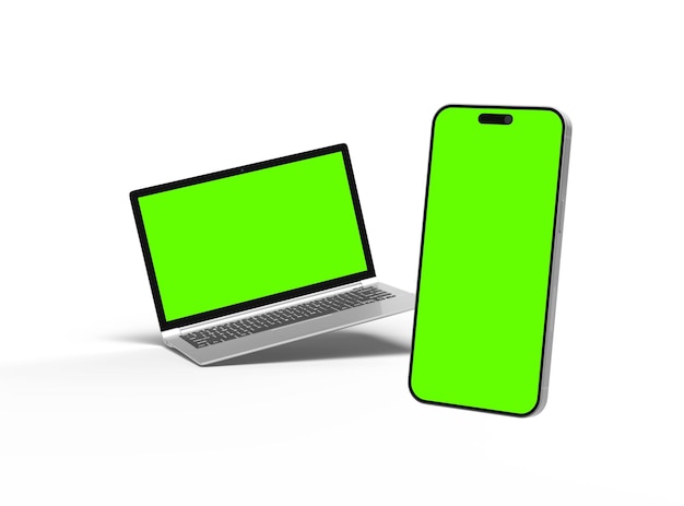 Renderowanie 3D laptopa i telefonu z zielonym ekranem na jasnym tle