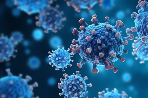 Renderowanie 3D leku z bakteriami z komórkami wirusa Wiele realistycznych cząstek wirusa unosi się w powietrzu
