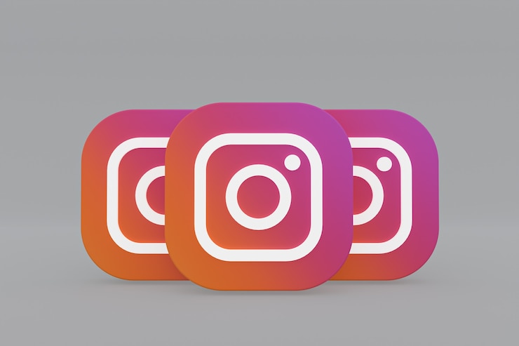 Zdjęcie renderowanie 3d logo aplikacji instagram na szarym tle