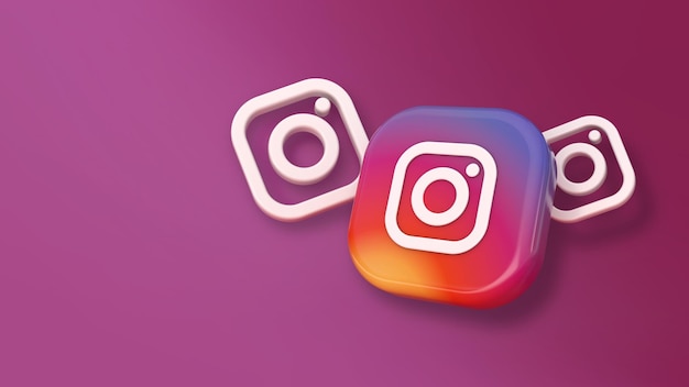 Renderowanie 3d logotypów instagram i kwadratowej plakietki na ciemnoróżowym tle