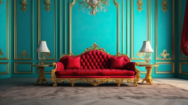 Renderowanie 3D luksusowe tło pokoju czerwone i turkusowe