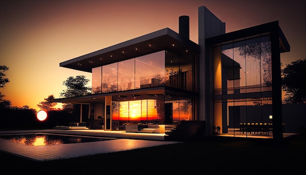 Renderowanie 3D luksusowego domu z basenem. Dom z panoramicznymi oknami. Architektura nowoczesna.