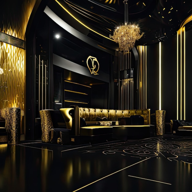 Renderowanie 3D luksusowego lobby hotelowego ze złotym akcentem