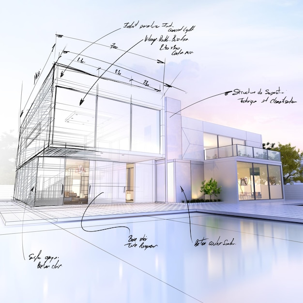 Renderowanie 3D luksusowej willi kontrastującej z projektem technicznym