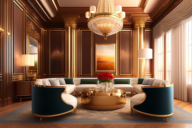 Renderowanie 3d luksusowy klasyczny drewniany salon w pobliżu schodów i wystrój żyrandola z wysokim sufitem