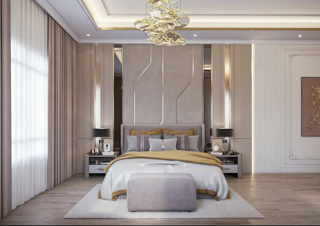 Renderowanie 3d luksusowy neoklasyczny wystrój wnętrz sypialni
