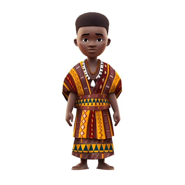 Renderowanie 3D małego afrykańskiego chłopca w tradycyjnym stroju na białym tle
