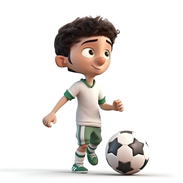 Renderowanie 3D małego chłopca z piłką nożną na białym tle