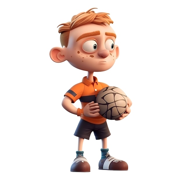 Renderowanie 3D małego chłopca z piłką nożną na białym tle