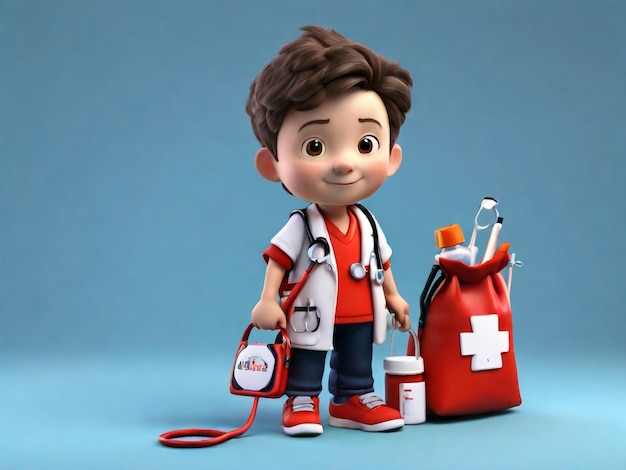 Renderowanie 3D małego chłopca ze stetoskopem i torbą z lekami