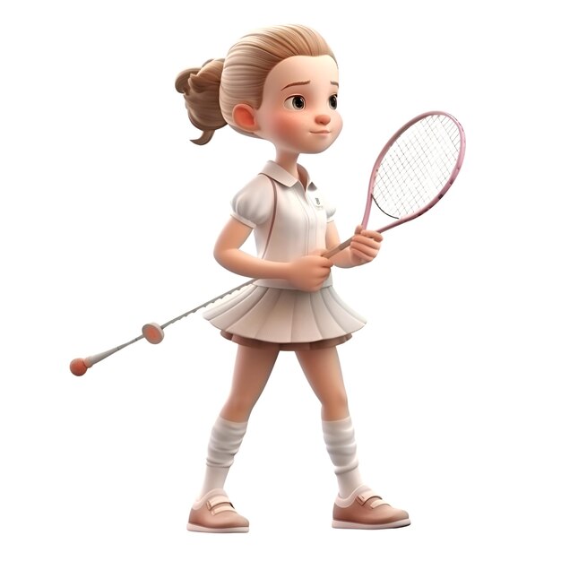 Renderowanie 3D małej dziewczynki grającej w tenisa na białym tle