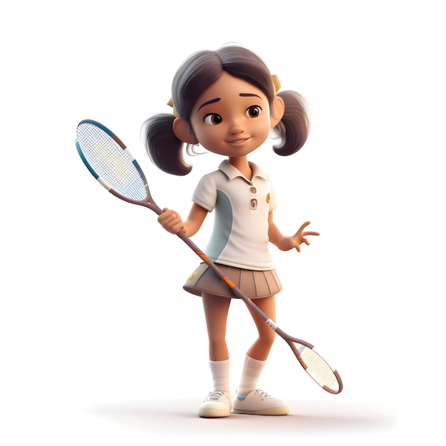 Renderowanie 3D małej dziewczynki z rakietą do badmintona