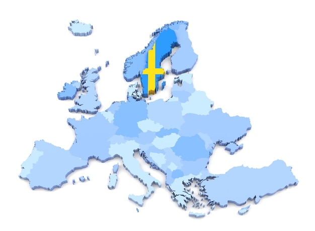 Zdjęcie renderowanie 3d mapy europy, szwecja z flagą