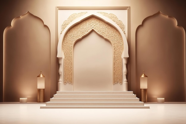 Renderowanie 3d meczetu z drzwiami i sztandarem festiwalu islamskiego.