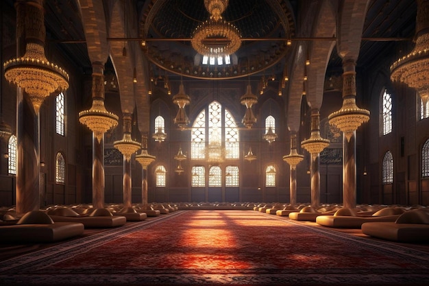 renderowanie 3D meczetu z dużym oknem i dużym oknem, przez które wpada złote światło.