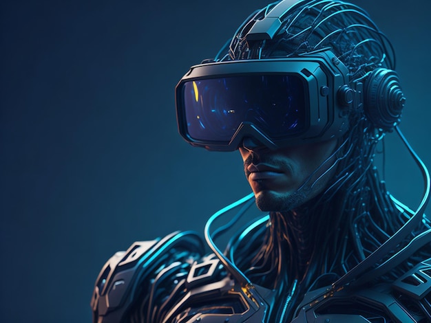 Renderowanie 3D męskiego robota w okularach wirtualnej rzeczywistości na ciemnym tle