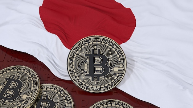 Renderowanie 3D metalicznego Bitcoina na fladze Japonii