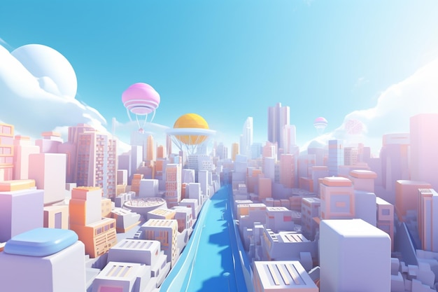 Renderowanie 3D miasta z niebieskim niebem i żółtym słońcem nad nim.