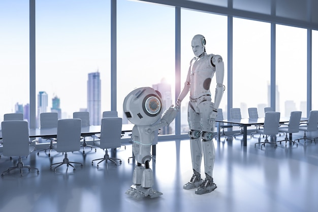Renderowanie 3d mini robota potrząsa ręką z innym robotem