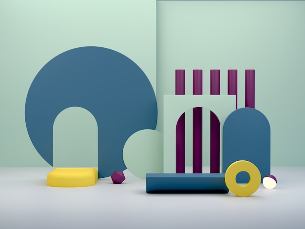 Zdjęcie renderowanie 3d. minimalne podium do pokazania produktu. pusta scena z łukami i formami geometrycznymi. scena w pełnym kolorze.
