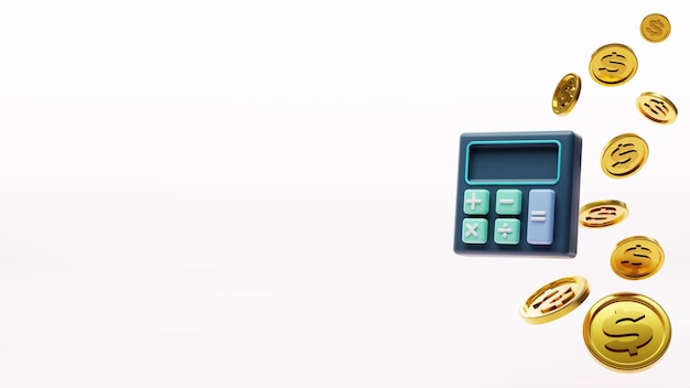 Renderowanie 3D minimalnego kalkulatora ze złotymi monetami na białym tle Koncepcja ikony finansowych pieniędzy