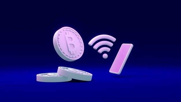 Renderowanie 3D monet B w odniesieniu do bitcoina za pomocą telefonu i symbolu Wi-Fi w Internecie