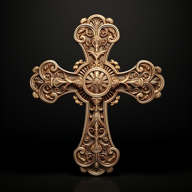 Renderowanie 3D mosiężnego krzyża z wytłoczonym wzorem i zabytkową metalową teksturą Palma Wielkanocna w Wielki Piątek
