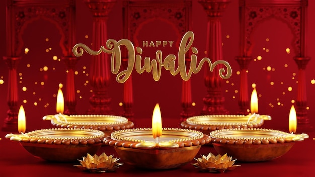 Renderowanie 3D na festiwal diwali Diwali Deepavali lub Dipavali festiwal świateł indie ze złotą diyą na podium wzorzystym i kryształami na kolorowym tle