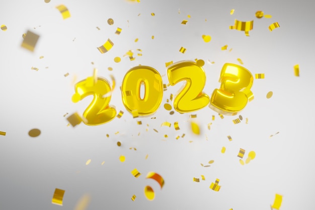 Renderowanie 3d Na Nowy Rok Złote Numery 2023 Wylatują Z Konfetti Na Białym Tle