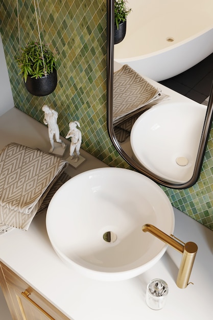 Renderowanie 3d. Narożnik hotelowej łazienki ze ścianami wyłożonymi zielonymi kafelkami, dużym lustrem i białą umywalką. Klasyczny styl. Renderowanie 3d