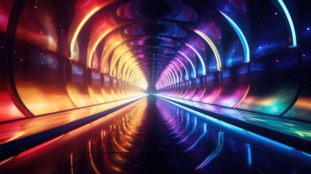 Renderowanie 3D neonowy ultrafioletowy kwadratowy portal świecące linie chodnik w tunelu fioletowy łuk pokaz laserowy