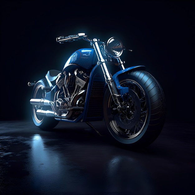 Renderowanie 3D niebieskiego niestandardowego motocykla chopper na ciemnym tle