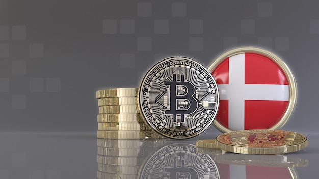 Renderowanie 3d Niektórych Metalicznych Bitcoinów Przed Odznaką Z Duńską Flagą