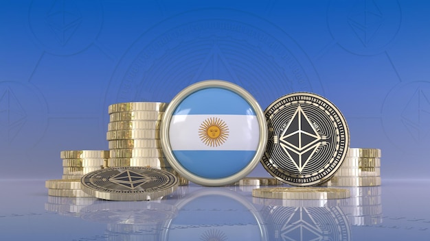 Renderowanie 3d niektórych monet Ethereum otaczających odznakę z flagą Argentyny