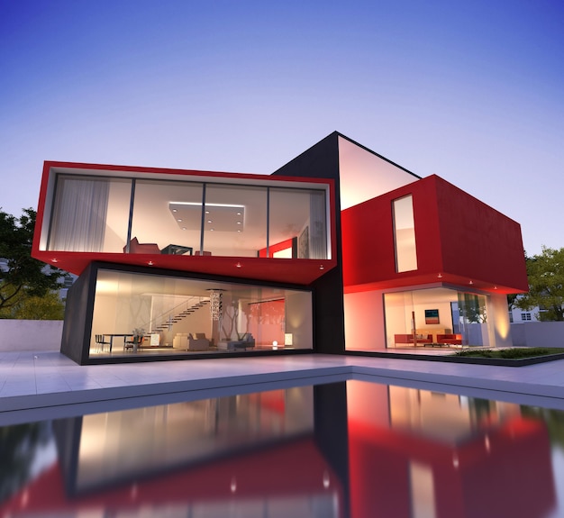 Renderowanie 3D nowoczesnego czerwono-czarnego domu